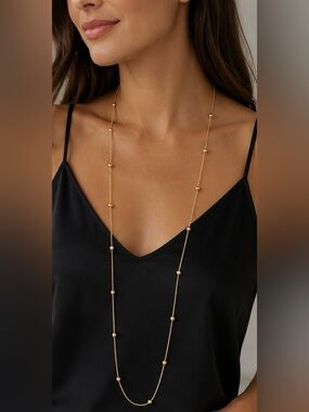 Milor Italy 14K Gold Station Necklace 30" Long Beaded Chain 5g